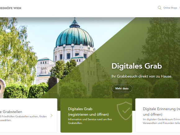 Screenshot vom Online Service "Digitales Grab" - Friedhofskirche im Hintergrund, grüne Textfelder im Vordergrund